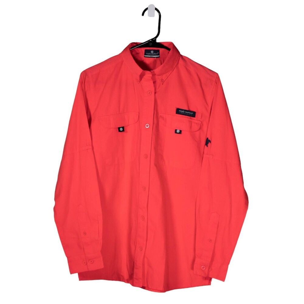 Simply Southern Mens Dock Shirt Button Up Coral Pink Outdoor Sports Beachy Top S
